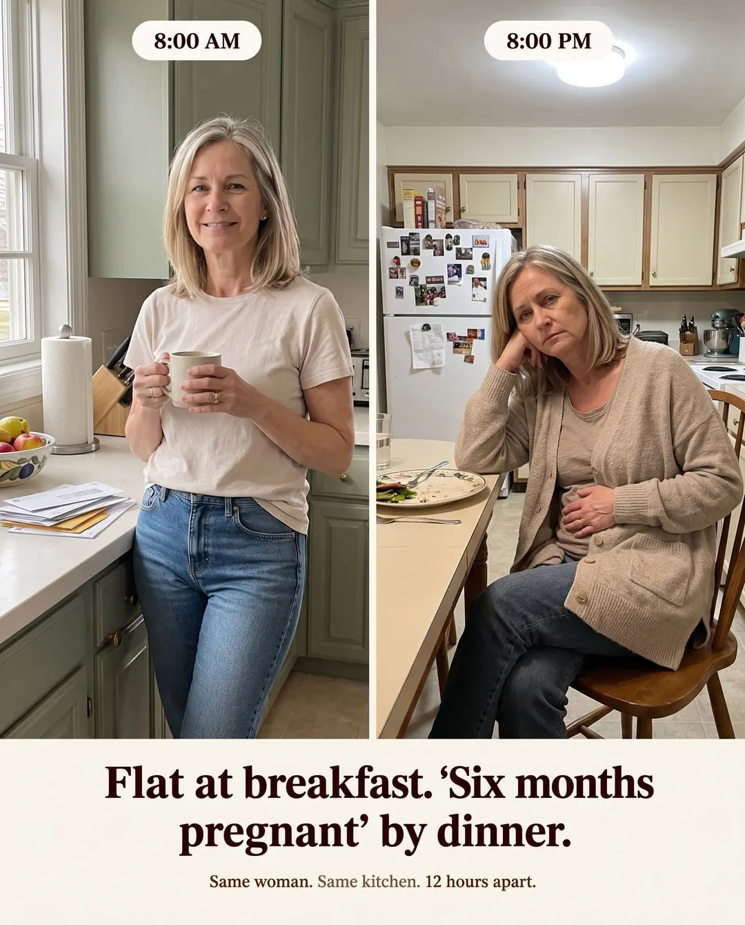 The same woman at 8:00 AM, flat at breakfast, and at 8:00 PM, bloated by dinner, in the same kitchen