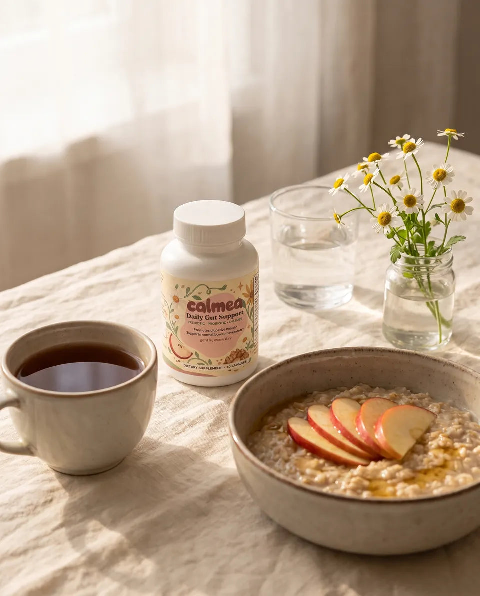Calmea on a breakfast table next to tea and oatmeal with apple slices