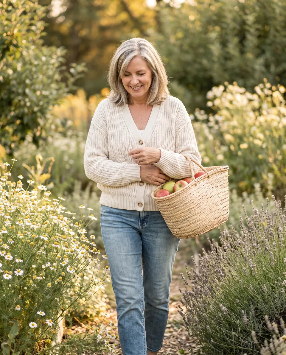 A woman walking through a sunny garden with a basket of apples