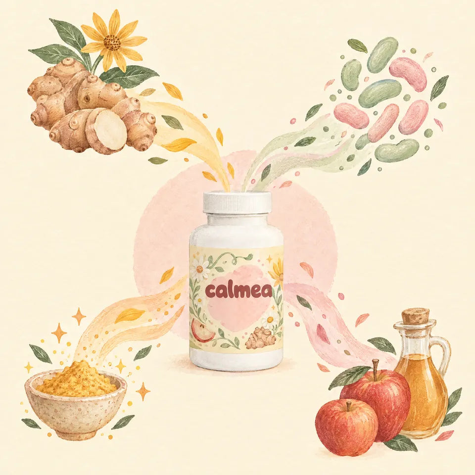 The Calmea bottle with Jerusalem artichoke, friendly bacteria, digestive enzymes and apple cider vinegar flowing into it