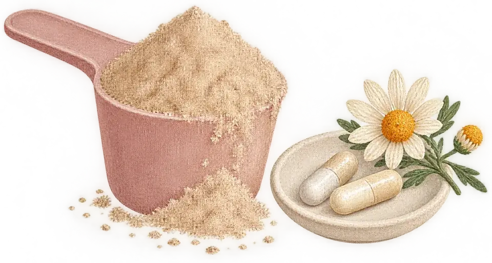 A heaped scoop of gritty fiber powder next to two small capsules on a saucer