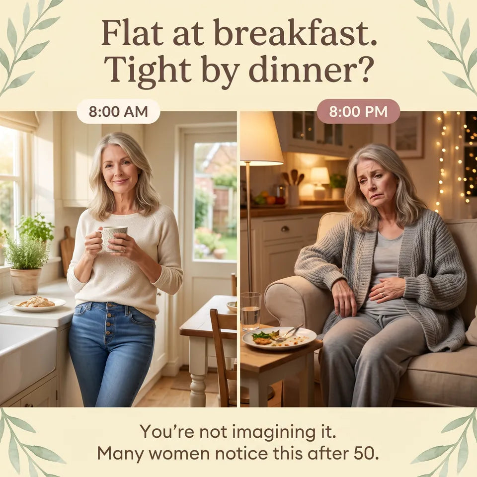 Flat at breakfast, tight by dinner: the same woman at 8 AM and at 8 PM