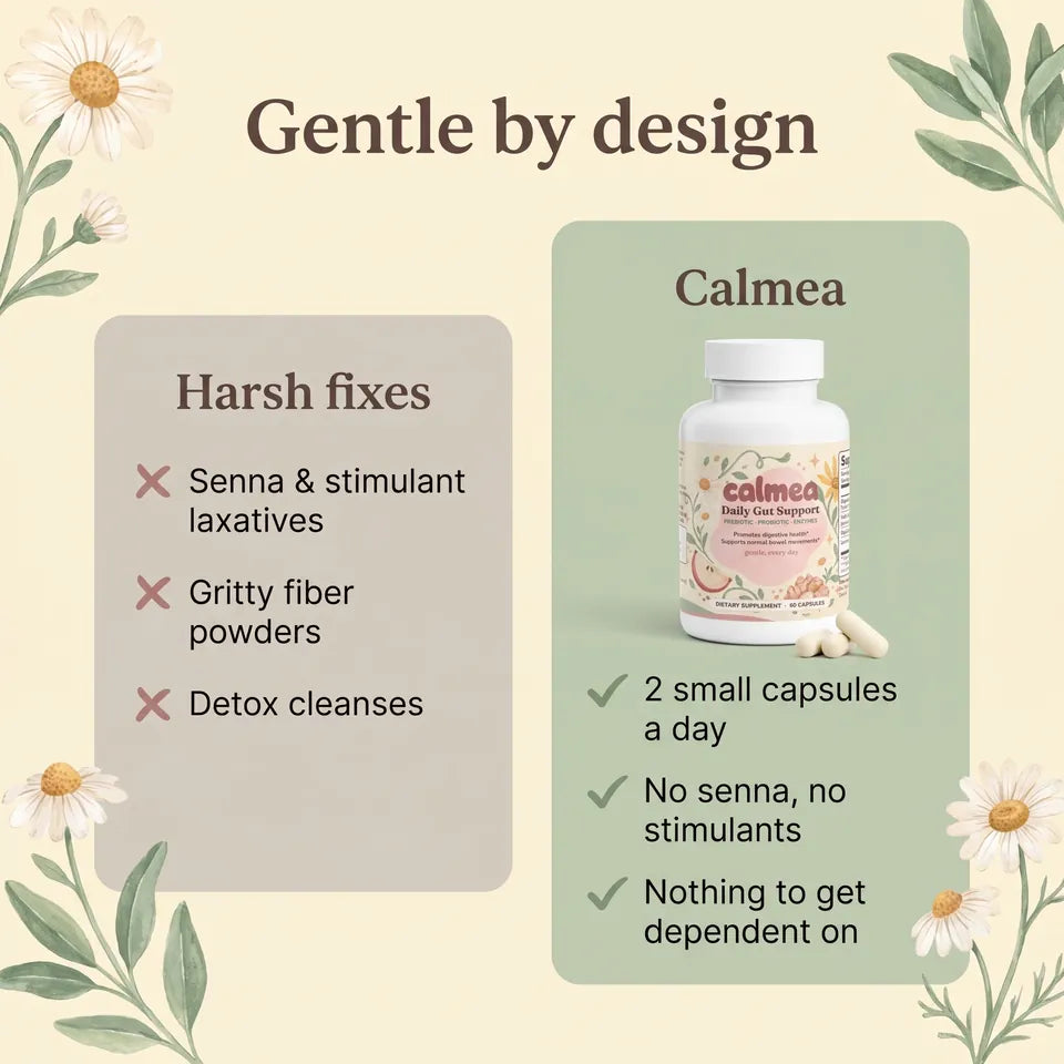 Gentle by design: harsh fixes like senna, gritty fiber powders and detox cleanses next to Calmea
