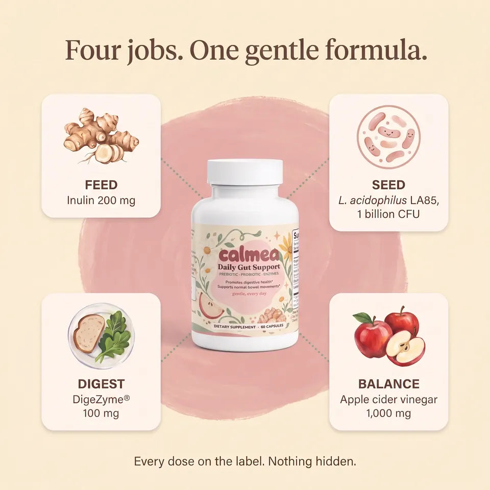 Four jobs, one gentle formula: inulin 200 mg, L. acidophilus LA85 1 billion CFU, DigeZyme 100 mg, apple cider vinegar 1,000 mg