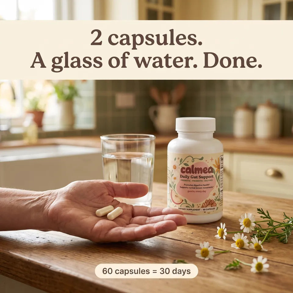 Two capsules and a glass of water. 60 capsules last 30 days
