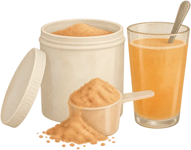 A tub of fiber powder with a heaped scoop and a cloudy glass