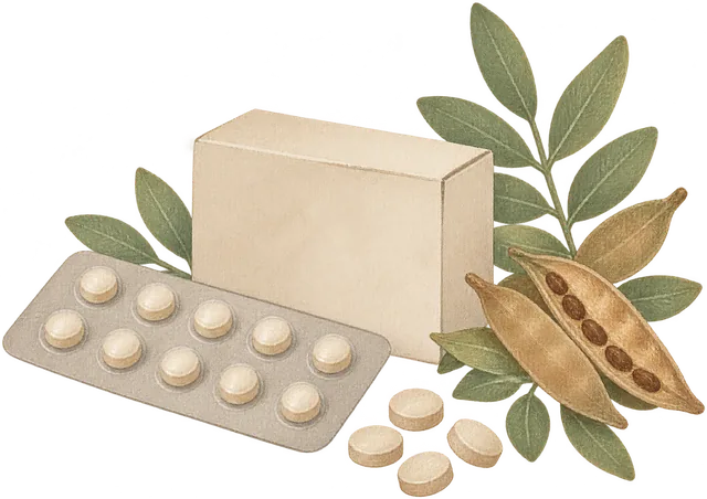 Laxative tablets in a blister pack next to senna leaves