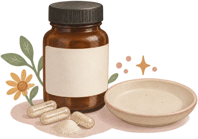 A plain probiotic bottle with capsules and an empty plate