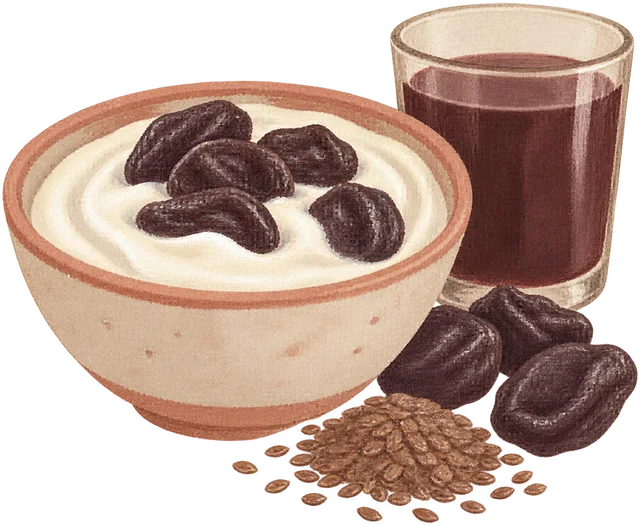 A bowl of yogurt with prunes and a glass of prune juice