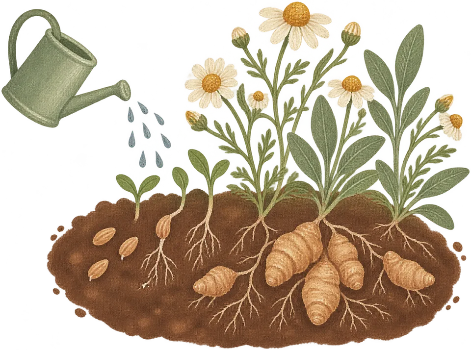 A painted garden bed: seeds planted in soil, roots and sprouts growing into chamomile, a watering can