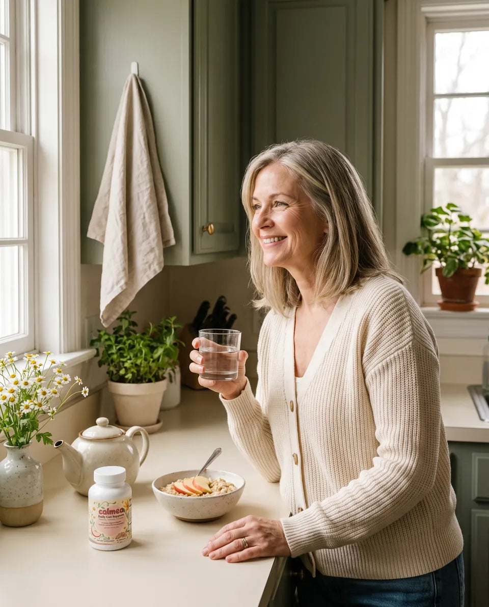 A smiling woman with a glass of water in her kitchen, Calmea on the counter