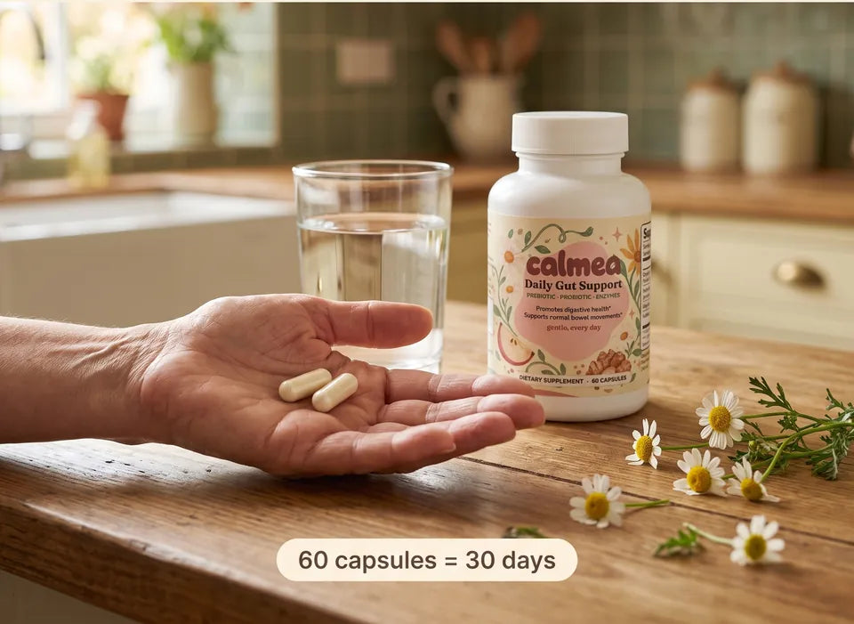 Two Calmea capsules in an open hand next to a glass of water