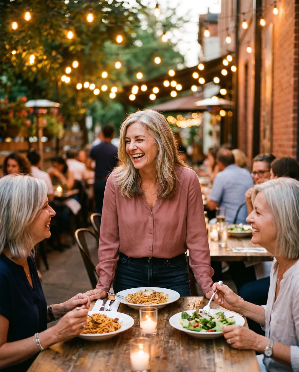 A woman laughing with two friends over dinner on a restaurant patio